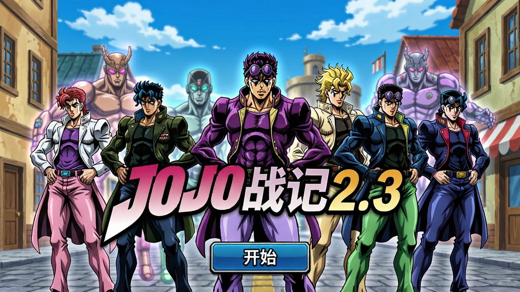 主体:JOJO战记2.3游戏主界面,展示多个经典JOJO角色站立在场景中央,背景是动画风格的街道与天空;布局:角色横向排列,前方有醒目的游戏标题“JOJO战记2.3”,下方有开始按钮;排版:标题居中,角色错落有致,按钮置于底部;风格:日系动漫风格,色彩鲜明,线条硬朗;细节:角色服装和发型还原原作,替身虚影在身后浮现;画质:高清,干净,无多余元素