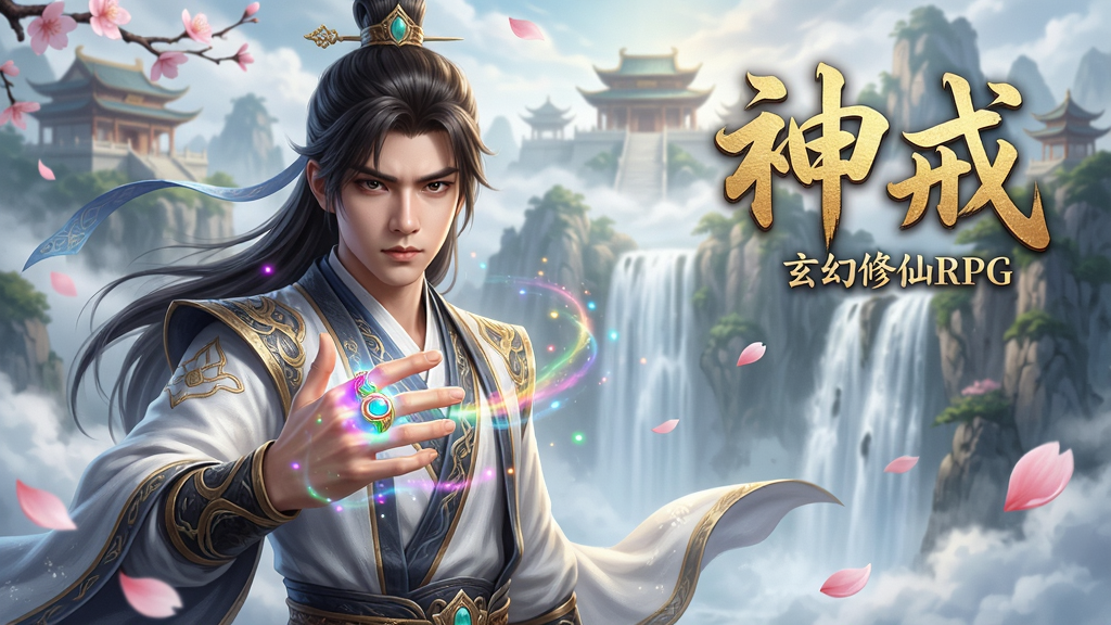 主体:一位身穿华丽古装仙袍的年轻修士,手指上戴着一枚散发着七彩光芒的神秘戒指,背景是云雾缭绕的仙山琼阁与飞流直下的瀑布。布局:人物位于画面中央偏左,右侧留白用于放置游戏名称“神戒”艺术字,背景层次分明,近景有飘落的花瓣,远景有若隐若现的仙宫。排版:画面整体采用竖版构图,人物占比约二分之一,游戏标题“神戒”以金色书法字体置于右上角,下方点缀小字“玄幻修仙RPG”。风格:唯美玄幻,色彩绚丽,光影通透,带有东方水墨与次世代结合的风格。细节:人物衣袂飘飘,眼神坚毅,神戒散发柔和光晕,周围有灵气粒子环绕,画面干净通透。画质:8k超高清,细节丰富,无多余元素。