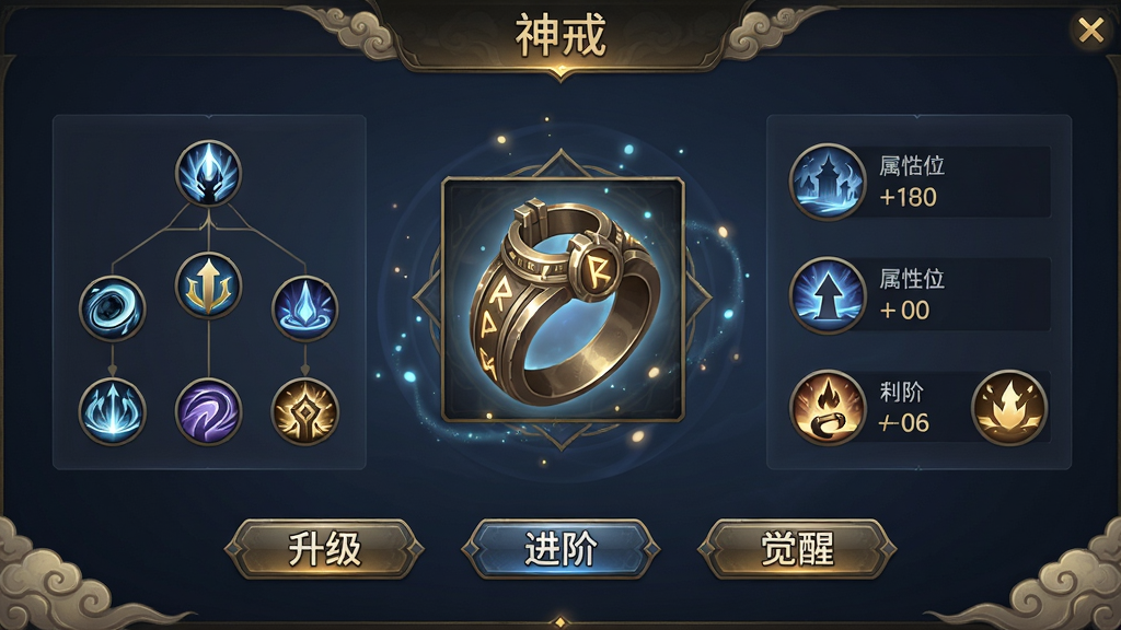 主体:游戏内“神戒”界面的概念图,中央展示一枚精致的戒指图标,四周环绕其升级进化树与技能解锁面板。布局:界面采用中心对称设计,戒指图标位于正中,左右两侧分别排列技能图标和属性数值,下方有“升级”、“进阶”、“觉醒”三个按钮。排版:UI风格为暗金色调,搭配半透明深蓝背景,文字使用白色与金色搭配,整体信息层级清晰,视觉中心突出。风格:游戏UI设计,带有东方玄幻元素,质感细腻,光影柔和。细节:戒指本体雕刻有复杂符文,周围有微光粒子飘动,按钮有金属光泽,界面边缘有祥云纹样装饰,画面干净。画质:高清晰度,无多余元素。