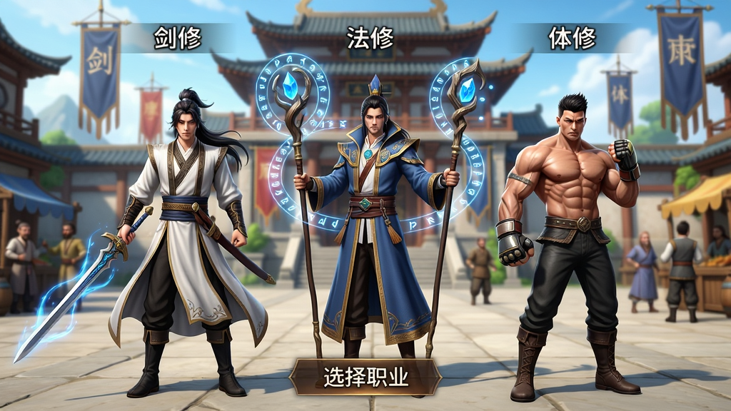 主体:三位不同职业的游戏角色并排站立,展示各自特色,剑修持剑、法修持法杖、体修戴拳套,背景为游戏主城广场。布局:三位角色呈三角形排列,剑修在左,法修居中靠后,体修在右,身后是宏伟的东方建筑与飘扬的旗帜。排版:竖版构图,角色全身像,头顶显示职业名称“剑修”、“法修”、“体修”,下方有“选择职业”按钮。风格:写实结合玄幻,色彩鲜明,角色服饰细节丰富,武器有流光特效。细节:剑修衣袂飘飘,法修周身环绕符文法阵,体修肌肉线条分明,背景有NPC走动,画面干净。画质:高清晰度,无多余元素。