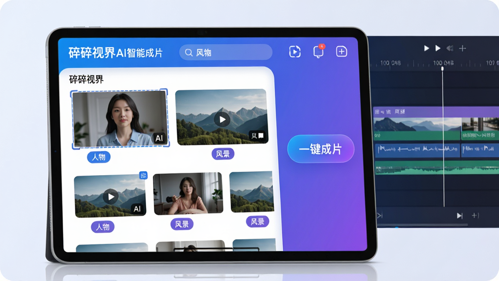 展示碎碎视界AI一键成片功能的操作界面,主体是一台平板电脑,屏幕显示素材库中多个视频片段被AI自动识别并标记出“人物”、“风景”等标签,右侧有一个醒目的“一键成片”按钮,背景是动态的剪辑时间线,界面风格科技感十足,蓝色与紫色渐变色调,UI图标精致,画质清晰流畅,文字标签显示“碎碎视界智能剪辑”,整体干净无杂乱元素
