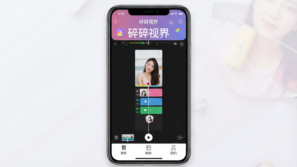 一张展示碎碎视界软件主界面的高清宣传图,主体是智能手机屏幕内运行着碎碎视界应用,界面布局清晰,底部有剪辑、模板、我的等标签栏,中央显示一个正在编辑的竖屏视频时间线,画面上方有“碎碎视界”品牌字样,整体风格现代简约,色彩明快,光线柔和,UI设计精致,画质细腻,干净无多余元素