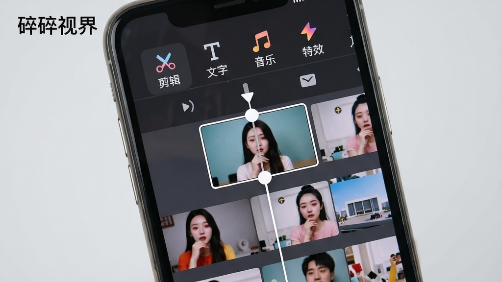 展示碎碎视界编辑界面的教学截图,主体是手机屏幕,屏幕上显示一条视频时间线,有多个片段,时间线上方有“剪辑”、“文字”、“音乐”、“特效”等工具栏图标,其中一个片段被选中,显示有白色边框和调节手柄,界面色彩清晰,背景为浅灰色,UI布局直观,有“碎碎视界”的标识在左上角,画质干净,无多余元素