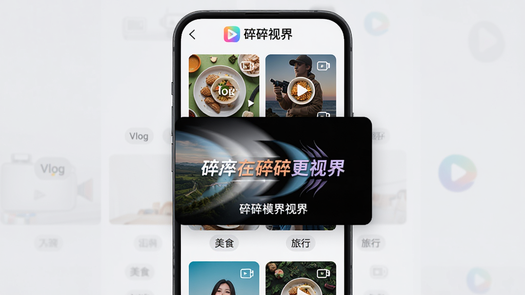 展示碎碎视界模板中心界面,主体是手机竖屏界面,屏幕上以网格形式展示多个精美的视频模板缩略图,每个缩略图下方标注有“Vlog”、“美食”、“旅行”等分类名称,其中一个模板被放大预览,显示动态的转场效果和字幕动画,界面色彩丰富,背景为浅灰色,UI布局规整,画质细腻,突出“碎碎视界”的Logo在顶部,整体干净清爽