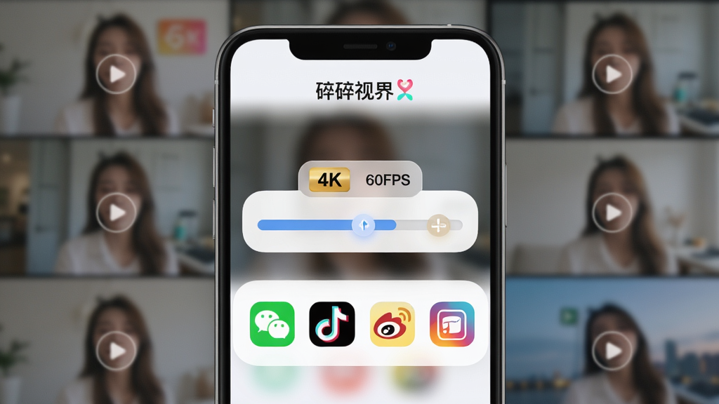 展示碎碎视界导出分享功能的界面,主体是手机屏幕,屏幕中央显示一个视频导出进度条,进度条上方有“4K”、“60FPS”的选项标签,下方是多个社交平台的分享图标,如微信、抖音、微博等,背景是模糊的视频帧,整体风格明亮,UI按钮圆润,带有“碎碎视界”品牌标识,画质干净,无杂乱元素