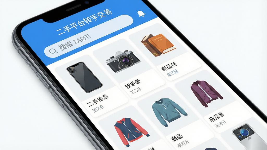 主体为一部智能手机屏幕特写,屏幕中显示“二手平台转手交易”APP主界面,界面顶部有搜索栏,下方商品瀑布流展示各类二手商品图片,有手机、相机、书籍、衣服等,界面风格简洁明快,主色调为蓝色和白色,布局清晰,排版整齐,现代扁平化设计风格,细节丰富,画质清晰,干净,无多余元素