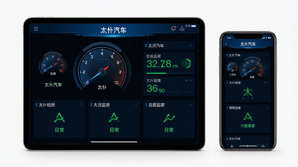 展示太仆汽车智能车况监测功能的界面截图,主体为平板电脑与手机并列摆放,屏幕中显示“太仆汽车”应用的车况检测页面,包含仪表盘样式图表和各项绿色正常指标,布局对称,排版清晰,风格科技感十足,蓝黑色调,细节包括数据动画效果,画质细腻干净,无多余元素。