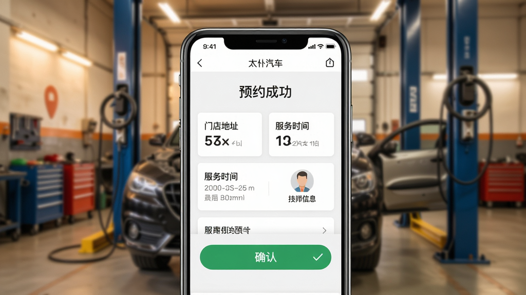 展示太仆汽车一键维保预约功能的场景图,主体为手机屏幕特写,屏幕内显示“太仆汽车”应用预约成功页面,包含门店地址、服务时间、技师信息卡片,背景为模糊的汽车维修车间,布局居中,排版简洁,风格写实,暖色调,细节有确认按钮和绿色对勾,画质清晰干净,无多余元素。