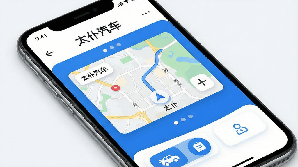 一张展示太仆汽车APP核心功能的手机界面预览图,主体为智能手机屏幕特写,屏幕内清晰显示“太仆汽车”四个字作为应用名称,界面布局包含顶部导航栏、中部地图导航卡片和底部功能按钮,整体排版简洁现代,采用蓝白主色调,风格清新明亮,细节丰富,画质高清干净,无多余元素。