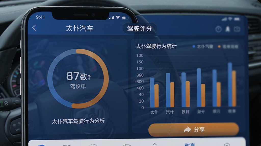 展示太仆汽车驾驶行为分析功能的图表界面,主体为手机竖屏显示“太仆汽车”应用的驾驶评分页面,包含环形分数图和柱状统计图,布局上下结构,排版清晰,风格商务简洁,蓝色与橙色配色,细节有鼓励文字和分享按钮,画质精致干净,无多余元素。