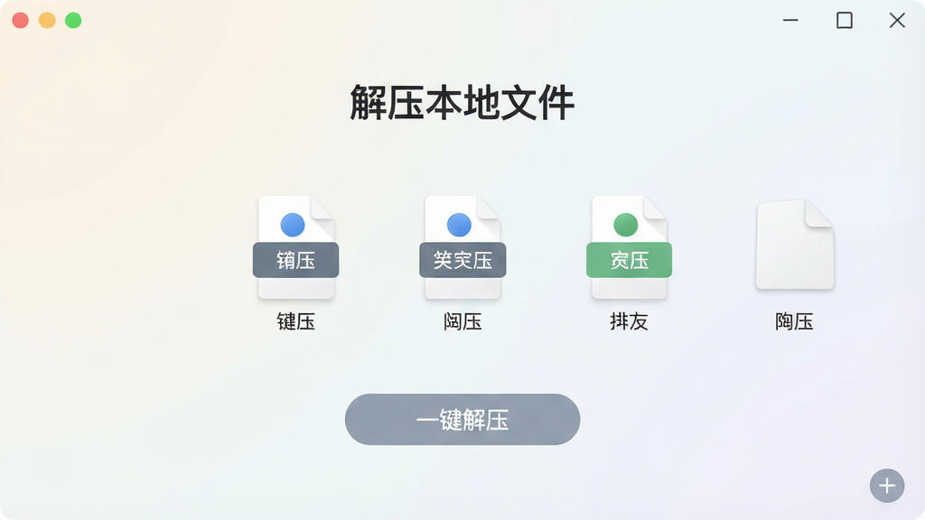 一张展示“解压本地文件”软件主界面的高清截图,界面简洁明亮,中央显示几个压缩文件图标,下方有“一键解压”按钮,整体风格现代,色彩柔和,画质清晰,干净无多余元素