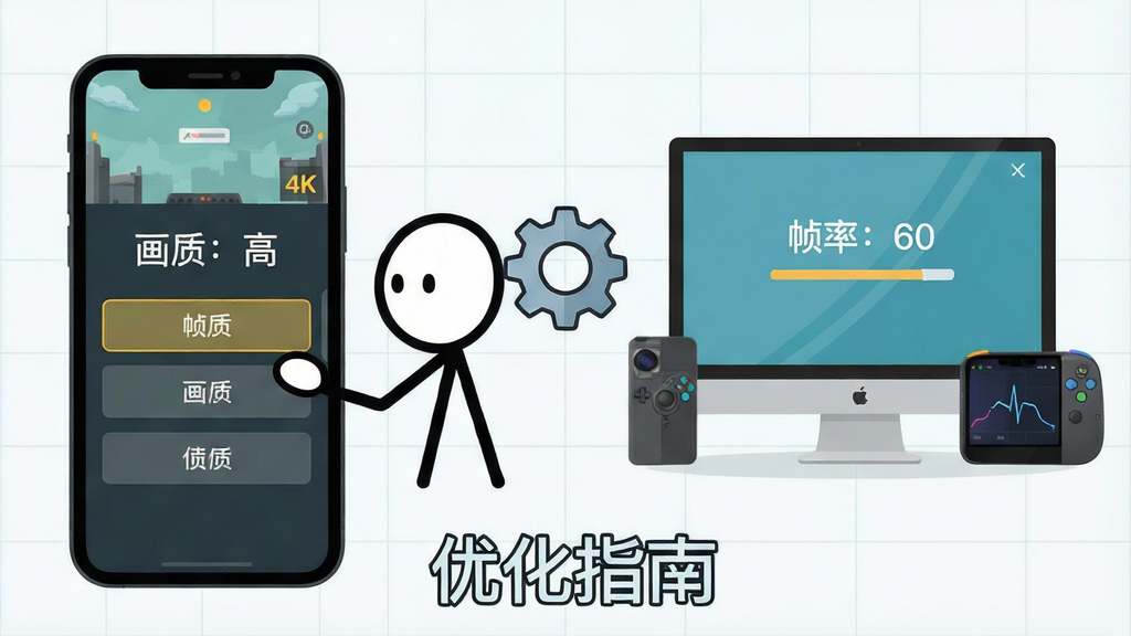 主体:一个火柴人角色在游戏设置界面中调整画质选项,旁边有手机与电脑模拟器对比图。布局:左侧为手机屏幕放大图,右侧为电脑显示器,中间有齿轮图标。排版:画面下方有“优化指南”文字。风格:简洁扁平化插画风格,色彩清新。细节:手机屏幕显示“画质:高”,电脑屏幕显示“帧率:60”,背景有网格线。画质:4K清晰,干净,无多余元素。