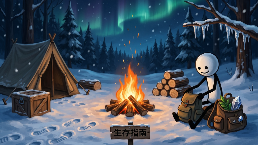 主体:火柴人角色在雪地中搭建篝火营地,远处是幽暗的森林与飘雪的夜空,周围有采集的木材堆。布局:营地篝火为视觉中心,火柴人坐在右侧整理背包,左侧有帐篷与储物箱,背景层次分明。排版:画面下方有“生存指南”小字标牌,上方天空有极光效果。风格:写实厚涂与手绘线条结合,色调偏冷蓝与暖橙对比,营造宁静又危险的氛围。细节:篝火火星飘散,雪地有脚印,背包中有草药与矿石,树枝挂有冰凌。画质:8K超清,光影自然,干净,无多余元素。