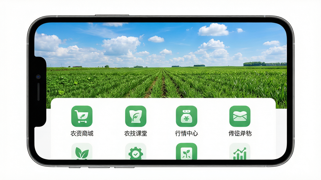 ��Ķ��ƽ̨APP������Ԥ��ͼ��չʾ�����ֻ��ϵ�Ӧ����ҳ���ϰ벿��Ϊ��������µĴ���ũ��ʵ��ͼ���°벿��Ϊ������APP����ͼ�����񲼾֣�����ũ���̳ǡ�ũ�����á��������ĵ�ģ�飬�������ִ�������ɫ�Ͱ�ɫΪ��ɫ����ͼ�����Բ���£�������רҵ�ҳ������������廭�ʣ��ɾ��޶���Ԫ�ء�