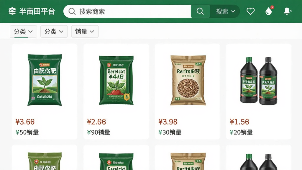 ��Ķ��ƽ̨ũ���̳ǽ����ͼ��չʾ��Ʒ�б�ҳ�棬�������ʴ������Ӱ�װ����ũҩƿ����ƷͼƬ��ÿ����Ʒ�·���ʾ�۸��������ҳ�沼�������������б���ʽ���������������ͷ���ɸѡ��ǩ�������Ӿ�Ч�����࣬ͻ����Ʒ��Ϣ�����дʵ�����廭�ʣ��ɾ��޶���Ԫ�ء�