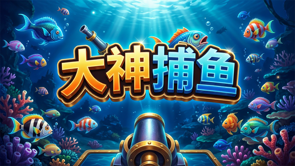 游戏主界面展示,色彩斑斓的深海场景,巨大的“大神捕鱼”Logo位于画面中央,炮台在下方,周围游弋着各种发光的鱼群,画质高清,整体布局饱满,风格华丽炫酷,细节丰富,画质清晰干净,无多余元素