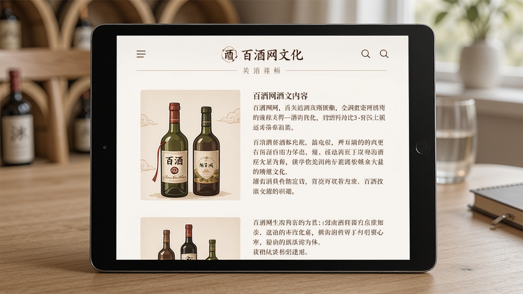 百酒网酒文化内容页面截图,主体为平板电脑展示文章阅读界面,布局图文并茂排版舒适,风格雅致柔和,细节包含酒瓶插图与文字段落,画质细腻干净无多余元素