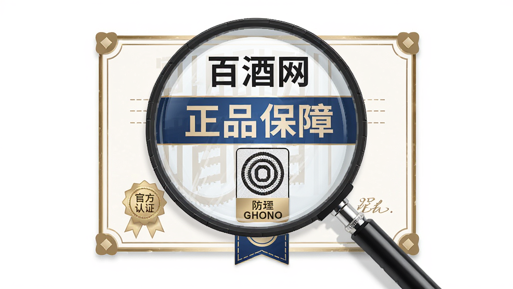 百酒网正品保障功能展示图,主体为放大镜与防伪标签图案,布局以证书样式居中排版,风格严谨商务,细节包含“正品保障”字样与官方认证标志,画质清晰干净无多余元素