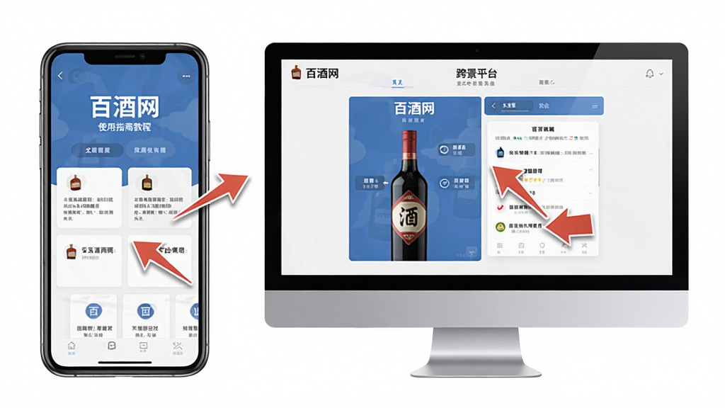 百酒网使用指南教程配图,主体为手机与电脑并排展示,布局展示跨平台操作场景,风格务实简洁,细节包含界面操作箭头指示,画质清晰干净无多余元素
