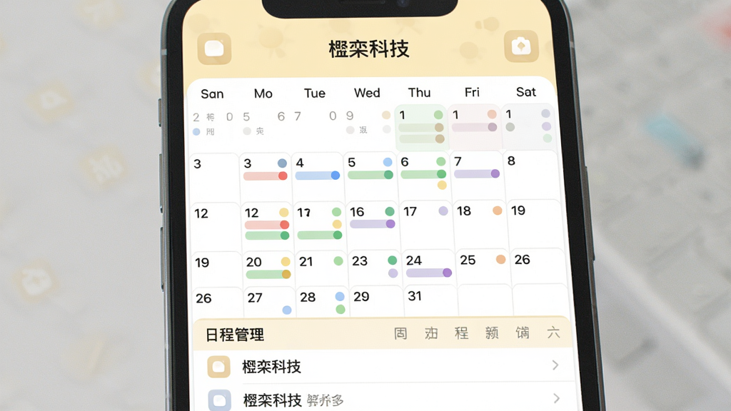 楹栾科技日程管理界面,手机屏幕显示月视图日历,日期格内有彩色事件圆点,底部有日程列表,背景为淡黄色,图标柔和,文字“楹栾科技”显示在顶部,画质干净,无多余元素