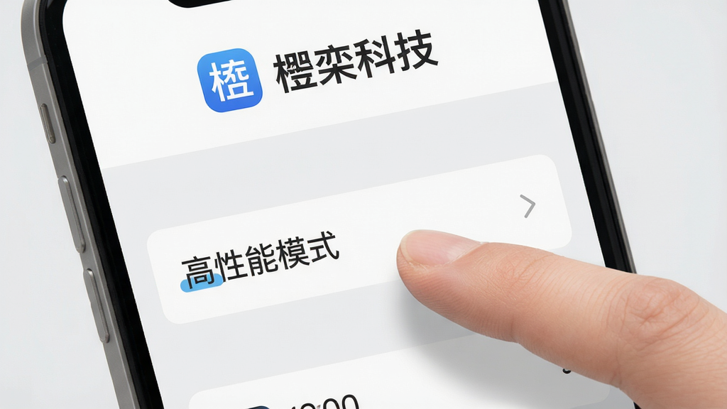 楹栾科技使用教程示意图,手机屏幕显示设置页面,手指点击“高性能模式”选项,背景为浅灰色,图标清晰,文字“楹栾科技”在顶部,画质干净,无多余元素