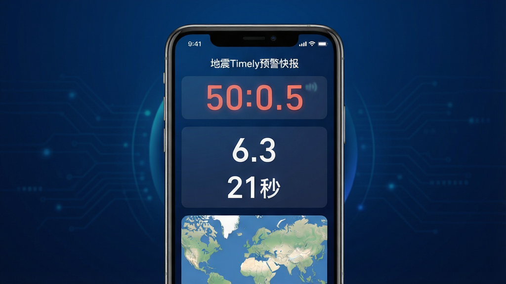 主体:地震Timely预警快报手机应用界面展示,手机屏幕显示地震预警倒计时与震级信息。布局:手机居中,屏幕内容清晰可见,背景为简洁的深蓝色科技感渐变。排版:界面元素排列有序,上方为预警数字,下方为地图示意。风格:现代科技风,色彩鲜明,光效柔和。细节:屏幕中显示“地震Timely预警快报”字样,震级“6.3”,倒计时“21秒”。画质:高清渲染,细节丰富,干净整洁,无多余元素。