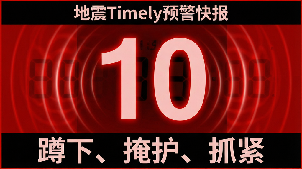 主体:全屏红色警示界面,中央显示巨大倒计时数字“10”,周围有震波扩散特效。布局:数字居中,顶部为软件名称,底部为避险提示文字。排版:简洁有力,数字超大,提示文字醒目。风格:高对比度警示风格,红色与黑色搭配。细节:屏幕上方显示“地震Timely预警快报”,底部显示“蹲下、掩护、抓紧”字样。画质:清晰震撼,无多余元素。