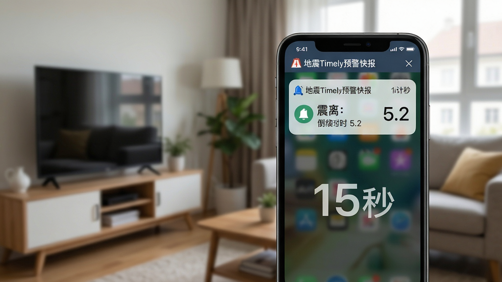 主体:手机屏幕弹出地震预警通知,显示震级、距离、倒计时,背景为室内客厅场景。布局:手机位于画面中央偏右,左侧留白,通知卡片醒目。排版:通知卡片位于屏幕上方,内容清晰,图标简洁。风格:写实风格,光线自然,色彩真实。细节:通知栏显示“地震Timely预警快报”名称,倒计时数字“15秒”,震级“5.2”。画质:高清逼真,画面干净,无多余元素。