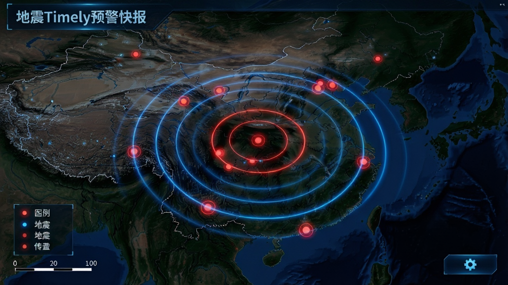 主体:地图界面,显示多个监测点与地震波传播动画。布局:地图居中,监测点以红色圆点标记,波纹向外扩散。排版:图例清晰,比例尺在左下角。风格:科技感GIS风格,深色背景,蓝色与红色光效。细节:左上角显示“地震Timely预警快报”字样,右下角有设置按钮。画质:高清,细节丰富,无多余元素。