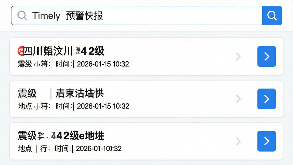 主体:地震Timely预警快报的地震列表页面,展示多条地震信息条目。布局:列表从上到下排列,每条信息包含震级、地点、时间,右侧有详情箭头。排版:字体清晰,行距适中,重要信息加粗。风格:简洁扁平化设计,白色背景,蓝色点缀。细节:顶部搜索栏,列表第一条显示“四川汶川 4.2级”,时间“2026-01-15 10:32”。画质:高清,界面干净,无多余元素。