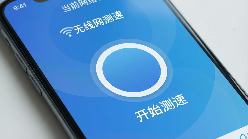 一张现代智能手机屏幕特写,屏幕中显示“无线网测速”应用的主界面,界面以蓝色渐变背景为主,中央有一个大大的圆形开始测速按钮,按钮下方清晰显示“开始测速”四个白色文字,界面上方有Wi-Fi信号图标和当前网络名称,整体布局简洁清爽,风格扁平化,画质高清,光线柔和,突出应用的专业与易用性,干净无多余元素