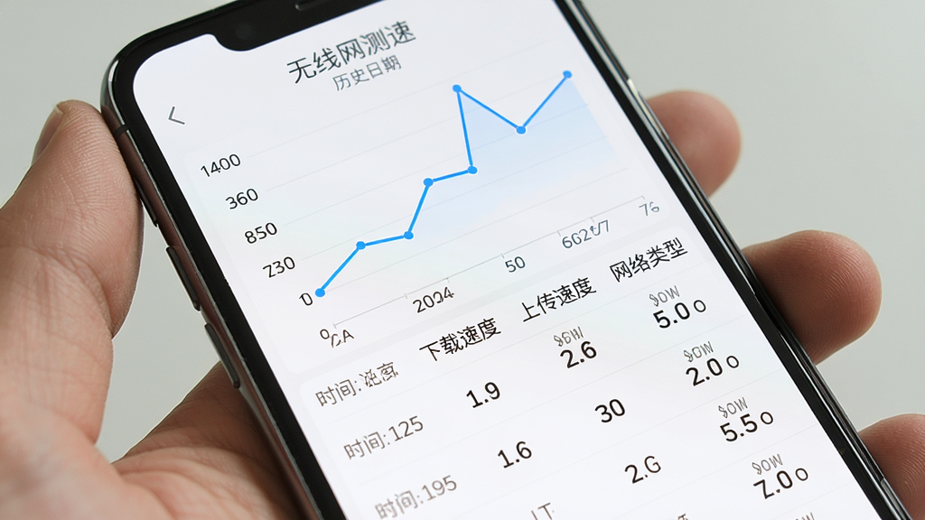 手机屏幕展示“无线网测速”的历史记录页面,页面上方是一个折线趋势图,横轴为日期,纵轴为速度值,下方是记录列表,每条记录包含时间、下载速度、上传速度和网络类型,背景为白色,列表间隔清晰,整体风格简洁清爽,画质干净,无多余元素