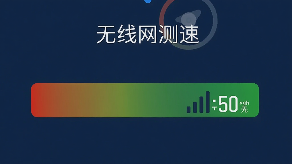 手机应用界面显示“无线网测速”的信号强度检测功能,页面中有一个信号强度指示条,从红色到绿色渐变,当前信号强度为绿色区域,旁边显示具体数值,背景为深蓝色,整体风格专业,视觉清晰,画质干净,无多余元素