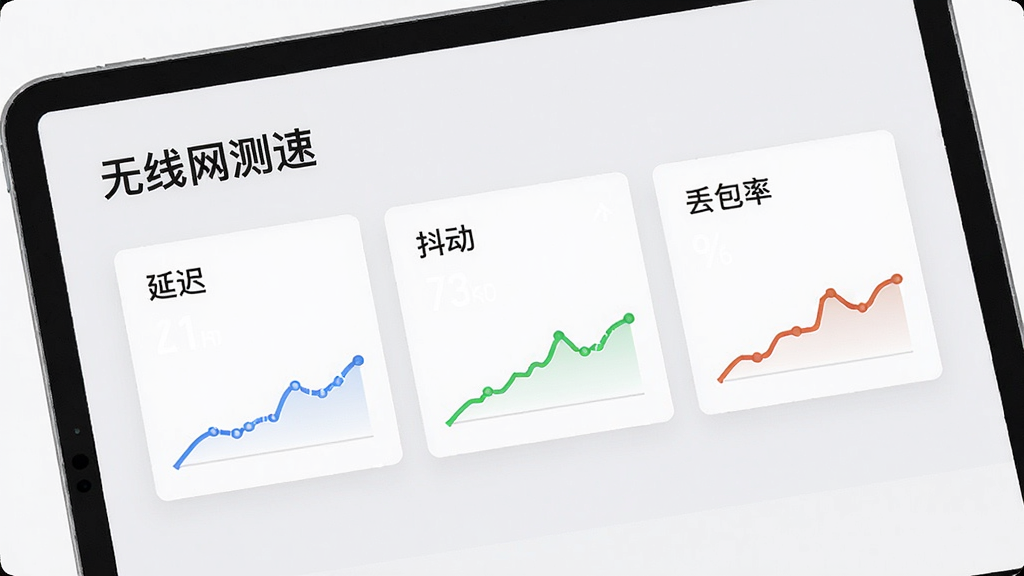 一台平板电脑上展示“无线网测速”的网络诊断报告页面,报告以卡片式布局呈现,分别用不同颜色标注“延迟”、“抖动”、“丢包率”三个指标,每个卡片上有迷你趋势图,背景为浅灰色,整体风格简约商务,排版整齐,文字清晰,画质高,干净无多余元素