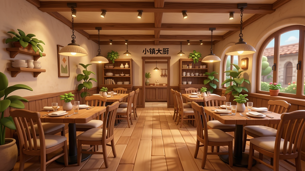 一张展示餐厅内部装修效果的图片,主体是装饰精美的餐厅用餐区,采用田园风格,木质桌椅搭配绿植和暖色灯光。布局为全景视角,展示餐厅的各个角落,排版和谐。画质高清,细节丰富,色彩温馨,干净无多余元素,图片上带有“小镇大厨”字样。