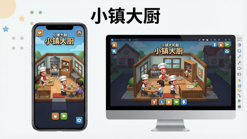 一张手机和电脑并排显示游戏画面的图片,主体是《小镇大厨》游戏界面,左边是手机竖屏显示餐厅经营场景,右边是电脑模拟器横屏显示同一游戏,背景简洁。布局为左右对称,排版清晰,画质干净,无多余元素,图片上带有“小镇大厨”字样。