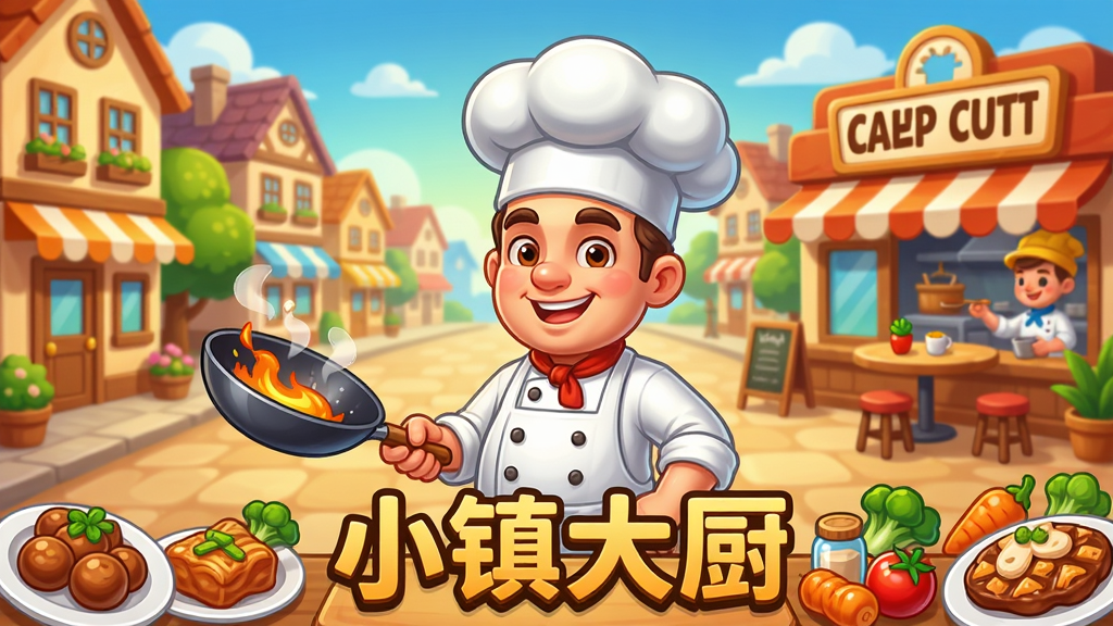 一幅色彩鲜艳的卡通风格游戏宣传图,主体是《小镇大厨》游戏中的主角厨师形象,穿着白色厨师服和围裙,手持炒锅,面带微笑,背景是温馨的小镇街景和一家热闹的餐厅。布局采用中心构图,主角位于画面中央,周围环绕着各种美食和食材元素,排版整齐有序。画质高清,细节丰富,色彩明亮干净,无多余元素,图片上带有游戏名称“小镇大厨”字样。