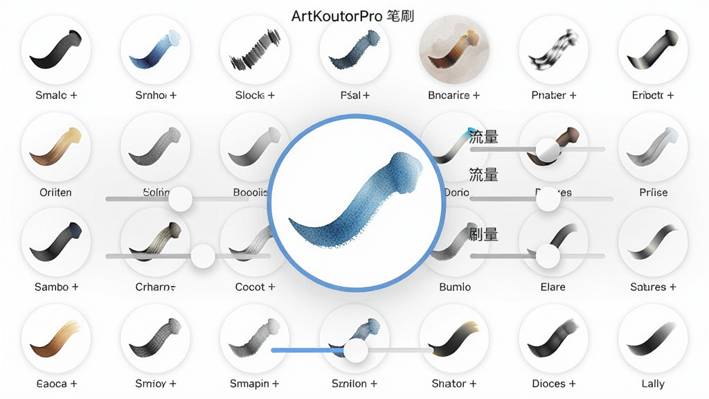 一张展示ArtKoutorPro笔刷库界面的图片,主体是手机竖屏显示的笔刷选择面板,各种笔刷以圆形图标排列,每个图标下方标注着笔刷名称。布局采用网格排列,当前选中的水彩笔刷被放大显示在屏幕中央,周围有透明度、流量、笔尖大小等调节滑块。排版整洁,风格为简洁的UI设计风格,细节上突出笔刷的纹理和颜色变化,画质清晰,干净无多余元素。