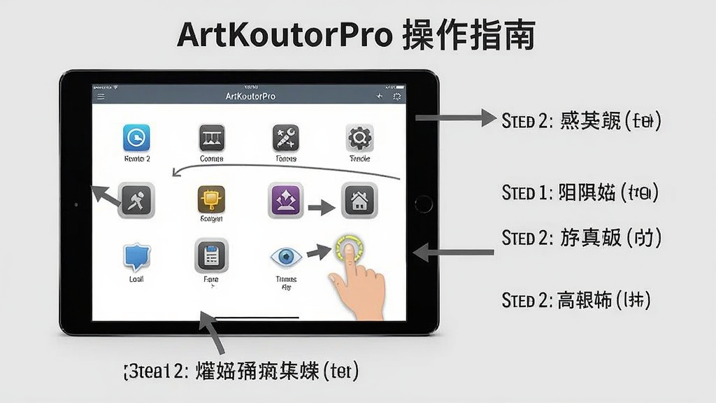 一张展示ArtKoutorPro操作指南的图片,主体是平板电脑上显示应用的主界面,旁边有标注箭头和文字说明,指出各个功能区域。布局采用分步图解形式,背景为浅灰色,配以文字注释。排版清晰,风格为教学图示风格,细节上突出按键位置和手势动作,画质干净整洁。