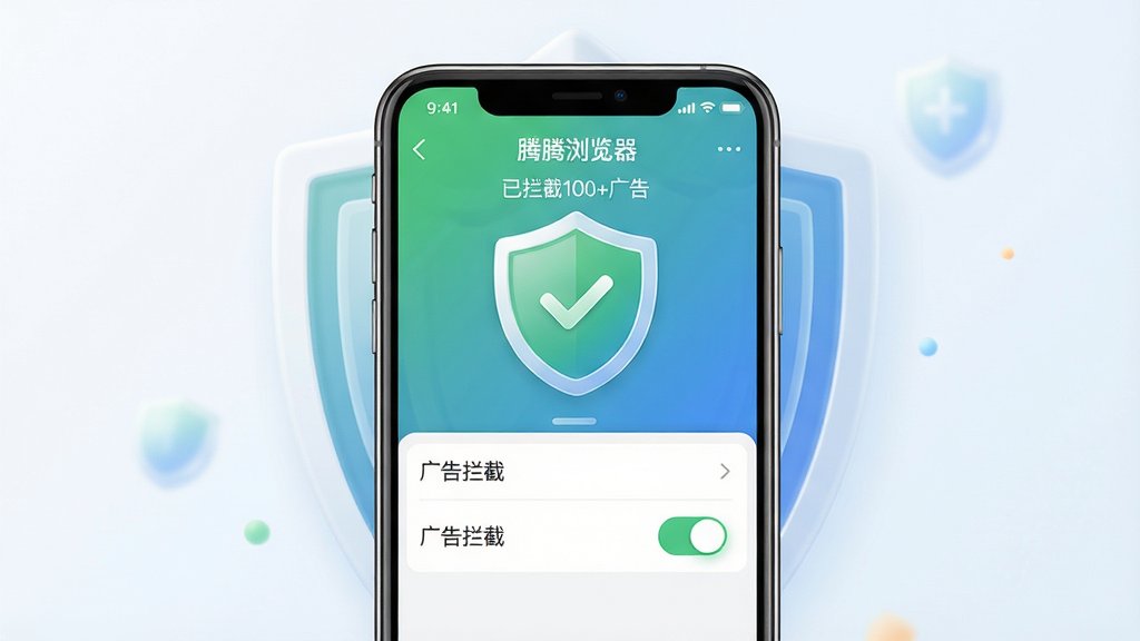 主体:腾腾浏览器广告拦截功能界面,手机屏幕展示设置页面,有“广告拦截”开关。布局:手机居中,背景为干净的安全盾牌图标。排版:设置选项清晰,开关按钮醒目。风格:简洁安全风格,绿色和蓝色搭配,体现安全可靠。细节:屏幕显示“腾腾浏览器”字样,拦截计数为“已拦截100+广告”,盾牌上有对勾。画质:精细渲染,色调柔和,干净无多余元素。