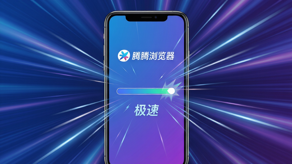 主体:腾腾浏览器极速加载场景,手机屏幕显示网页瞬间加载完成,有速度线条特效。布局:手机居中,背景为动态速度光效。排版:页面元素动感十足,速度线由屏幕中心向外扩散。风格:科技感强,蓝紫色渐变色调,充满未来感。细节:屏幕中显示“腾腾浏览器”Logo,加载进度条瞬间拉满,有“极速”字样。画质:高清晰度,光影效果出色,画面干净无多余元素。