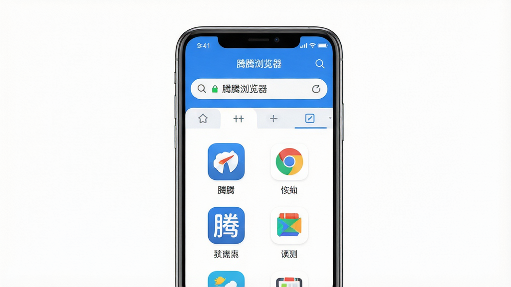 主体:腾腾浏览器应用界面,手机屏幕展示浏览器主页面,包含地址栏、标签页和几个常用网站图标。布局:居中构图,手机竖屏展示,周围留白。排版:界面元素排列整齐,图标清晰。风格:现代扁平化设计,色彩明亮清新,以蓝色和白色为主色调。细节:屏幕中显示“腾腾浏览器”字样,页面加载流畅,信号满格。画质:高清渲染,细节丰富,干净无多余元素。