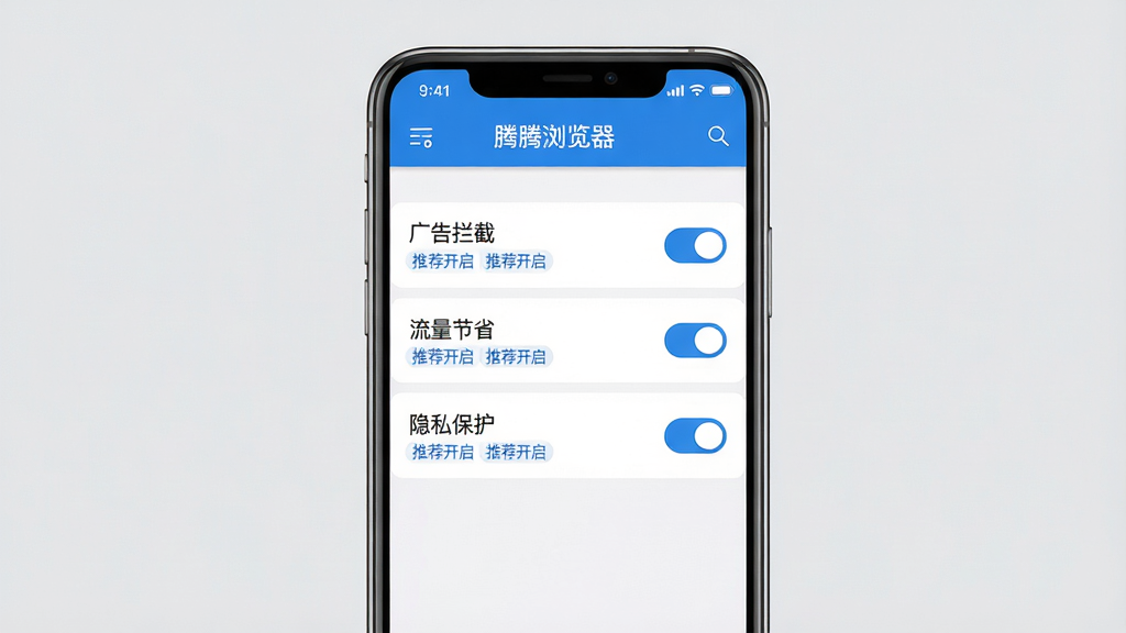 主体:腾腾浏览器新手设置页面,手机屏幕展示设置菜单,包含“广告拦截”“流量节省”“隐私保护”等选项。布局:手机居中,背景为浅灰色,设置列表清晰。排版:设置项依次排列,每个选项右侧有开关按钮。风格:简洁实用风格,蓝白配色,视觉清爽。细节:屏幕中显示“腾腾浏览器”字样,开关按钮处于开启状态,有“推荐开启”标签。画质:高清渲染,界面干净无多余元素。