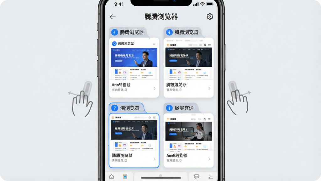 主体:腾腾浏览器多标签管理界面,手机屏幕展示多个网页标签页缩略图,排列成网格。布局:手机居中,缩略图整齐排列,有滑动操作手势。排版:标签页卡片式设计,清晰展示页面标题和缩略图。风格:简洁商务风格,浅灰色背景,蓝色高亮选中标签。细节:屏幕中显示“腾腾浏览器”字样,标签页数量为6个,其中一个被高亮框选。画质:高分辨率,卡片边缘清晰,画面干净无多余元素。