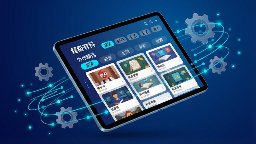 ���壺һ̨ƽ����������ڻ������룬��Ļ���ǡ��������ϡ��������Ƽ����棬��ʾ��Ϊ�㾫ѡ����Ŀ���·��ж�������ǩ�硰��Ц������֪ʶ����������ȡ����֣�ƽ����Գ�45�Ƚ���б����Χ���������������������ͳ���ͼ�꣬�����㷨�Ƽ����Ű棺��Ļ�ϵ����ݿ�Ƭ��С��һ�����ٲ�����ʽ���У���ǩ��λ����Ļ��������񣺿Ƽ��в廭������Ϊ����ɫ���䣬���ݺ�����ʹ������ɫ��ϸ�ڣ���Ƭ��������ͼ�ͱ��⣬���������ϴ���С��㣬����ͼ���͸�������ʣ����壬�ɾ����޶���Ԫ�ء�