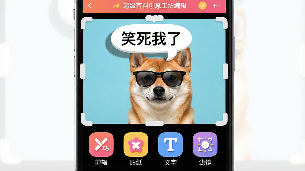 ���壺һ���ֻ��������棬��ʾ���������ϡ��Ĵ��⹤���༭ҳ�棬�·��С�������������ֽ���������֡������˾����ĸ�����ͼ�ꡣ���֣��ֻ���Ļչʾ�༭�е���Ƶ���棬��������һֻ��ī���Ĳ�Ȯ��ͷ���С�Ц�����ˡ����������ݡ��Ű棺����ͼ������Ļ�ײ��������У��༭��ռ����Ļ�ϰ벿�֡�����������õ�UI��Ʒ��Բ�ǿ�Ƭ�Ͱ�ť��ϸ�ڣ���Ƶ������Χ�п��϶��ĵ��ڿ��������ݴ�����Ӱ������ͼ��Ϊ��ɫ��ƽ��ʽ�����ʣ����壬�ɾ����޶���Ԫ�ء�