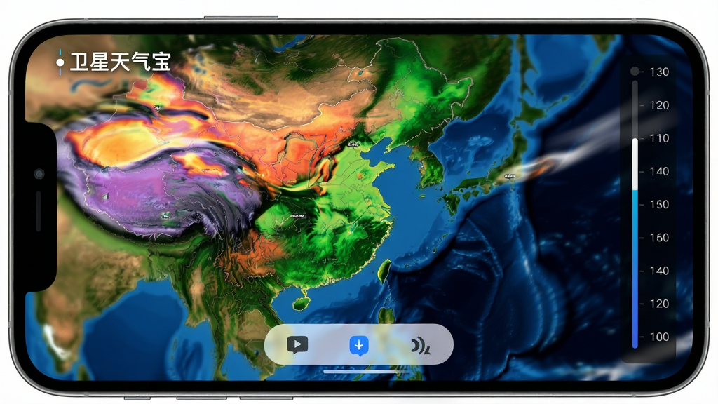 主体:卫星天气宝应用中的动态卫星云图功能展示。布局:手机屏幕中央显示东亚地区的彩色云图,右侧有播放进度条和时间轴。排版:云图覆盖整个屏幕,底部悬浮操作按钮。风格:科技感与真实感结合,云图色彩层次丰富。细节:云层边缘有轻微流动模糊效果,时间轴标注具体小时。画质:高分辨率,细节清晰,画面干净。