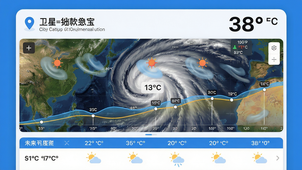主体:卫星天气宝应用界面预览图,展示主屏幕的卫星云图动态效果与温度曲线。布局:上方为实时定位城市名称与当前温度,中部为全屏彩色卫星云图,底部为未来一周天气预报列表。排版:信息层级分明,云图占据视觉中心,文字清晰易读。风格:现代扁平化设计,色彩清新自然,蓝白主色调。细节:云图带有半透明流动动画效果,温度数字使用大号字体加粗显示。画质:高清细腻,干净无多余元素。