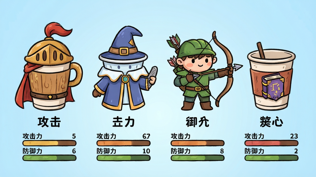 主体:一排纸杯英雄角色立绘,包括骑士杯、法师杯、弓箭手杯等,每个角色下方标注中文名字。布局:角色以网格排列,背景为淡蓝色渐变。排版:角色头像下方有“攻击力”“防御力”数值条。风格:卡通手绘风,边缘圆润。细节:每个纸杯的装饰不同,有的带披风,有的带魔法书。画质:高清,干净,无多余元素。