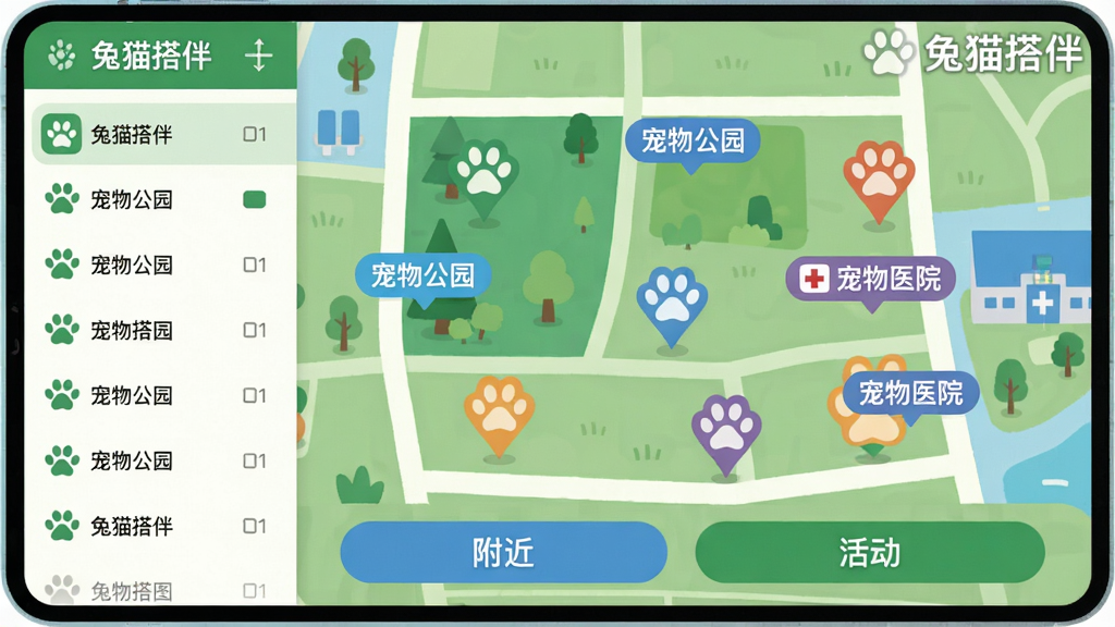 ���壺��ͼ������ʾ����è��顱��ͬ�ǳ����ͼ����èצ����צͼ���ǵص㣻���֣���ͼռ��Ҫ���棬����еص��б����Ű棺��ͼ�Ϸֲ������ɫ��ǩ���ײ��С��������͡������ť����񣺱�ƽ���廭�磬��ɫ����ɫΪ��ɫ����ϸ�ڣ���ͼ���Ͻ��С���è��顱ˮӡ����ǩ���С����﹫԰��������ҽԺ�����֣����ʣ��������޶���Ԫ�ء�